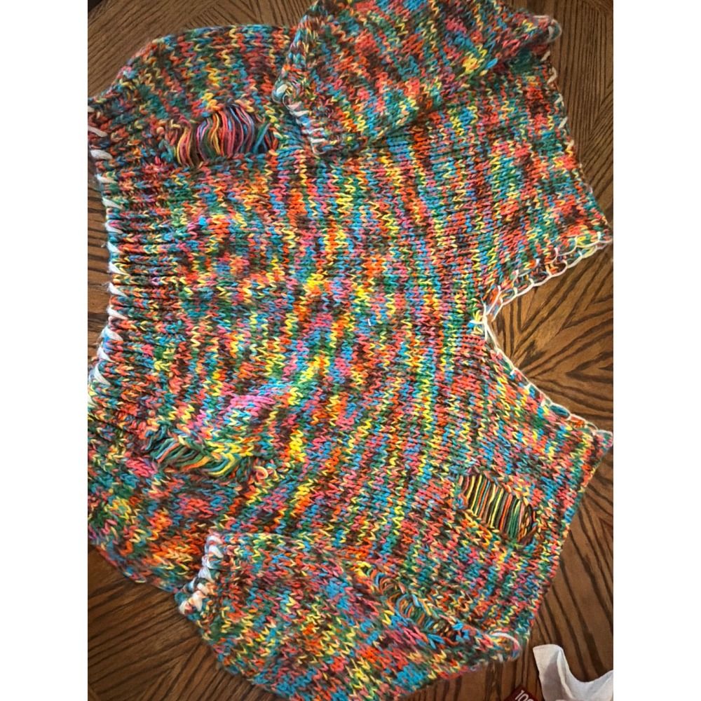 POL Rainbow Chunky Knit Distressed Cropped Sweater Multi Color Womens Medium